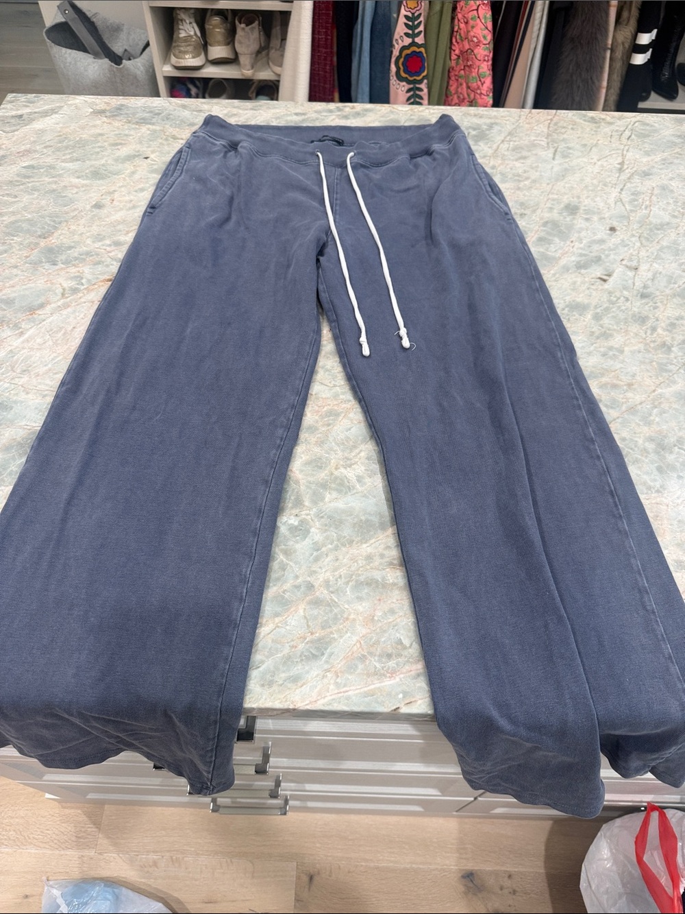 Brandy Melville Navy Wide-Leg Track Pants with White Drawstring